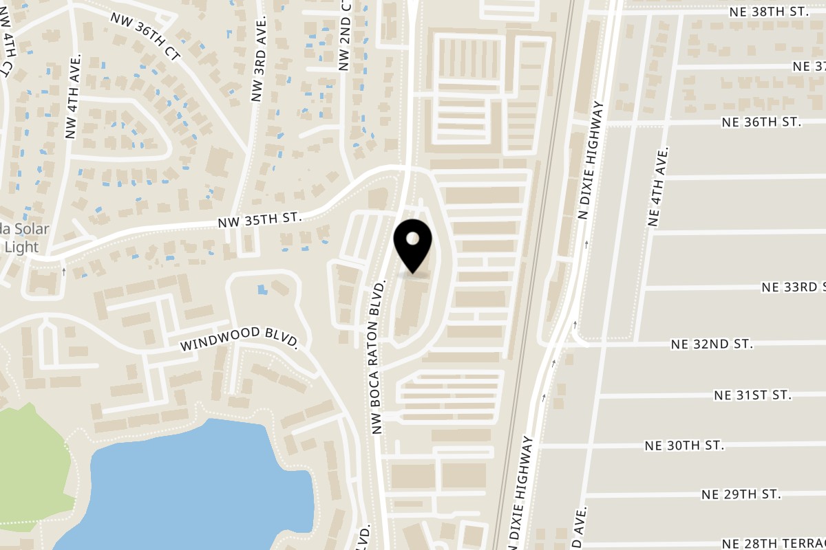 Map showing the location of The Cuban Cafe Restaurant on 3350 NW 2nd Ave in Boca Raton